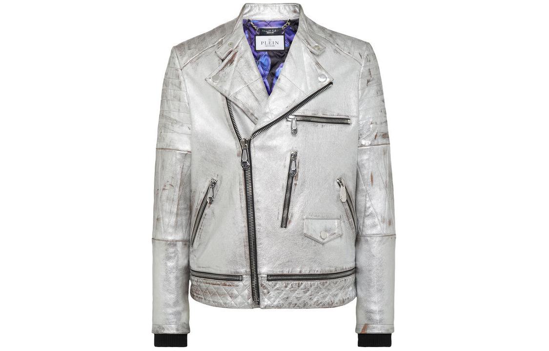 PHILIPP PLEIN Silver Leather Biker Jacket with Floral Logo Patches AACC-MLB1795-PLE010N-70