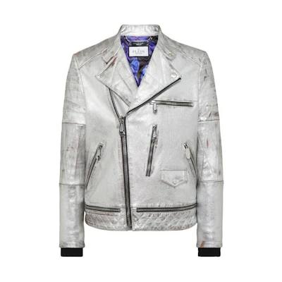 PHILIPP PLEIN Silver Leather Biker Jacket with Floral Logo Patches AACC-MLB1795-PLE010N-70