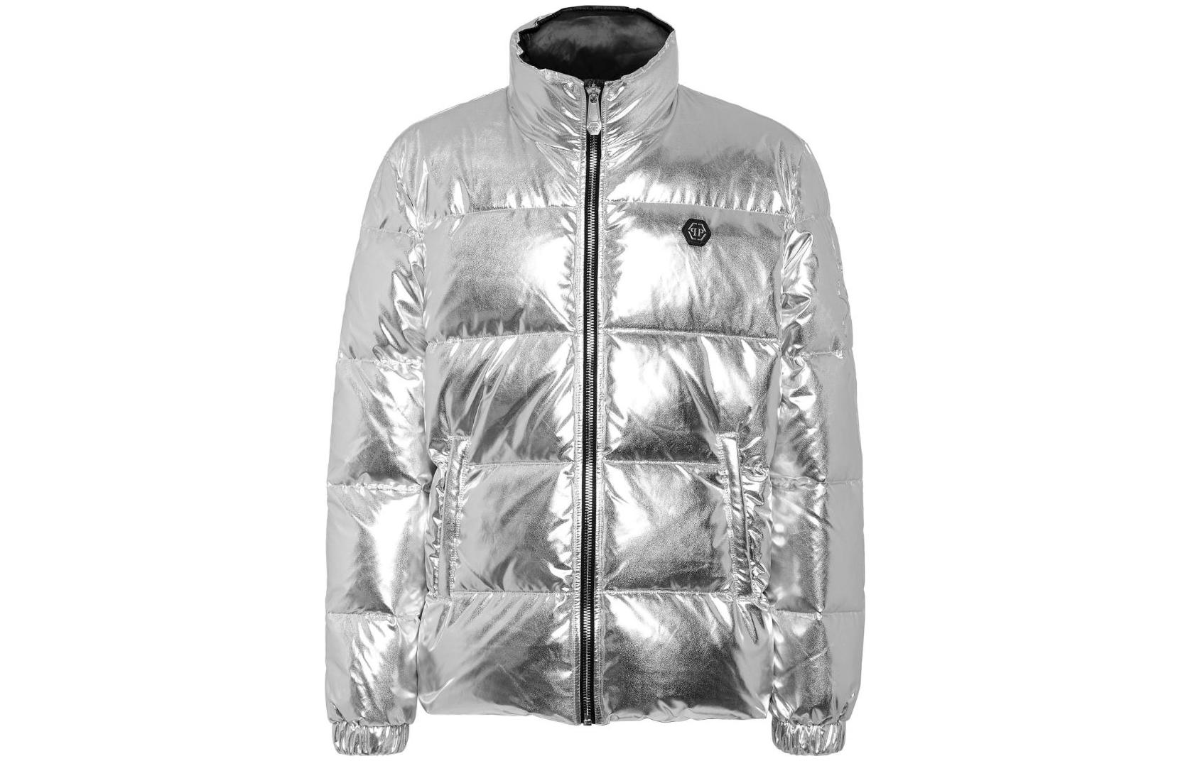 PHILIPP PLEIN Silver Zip-Up High Collar Jacket with Logo Embroidery AACC-MRA0496-PNY002N-02