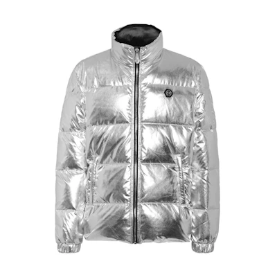 PHILIPP PLEIN Silver Zip-Up High Collar Jacket with Logo Embroidery AACC-MRA0496-PNY002N-02