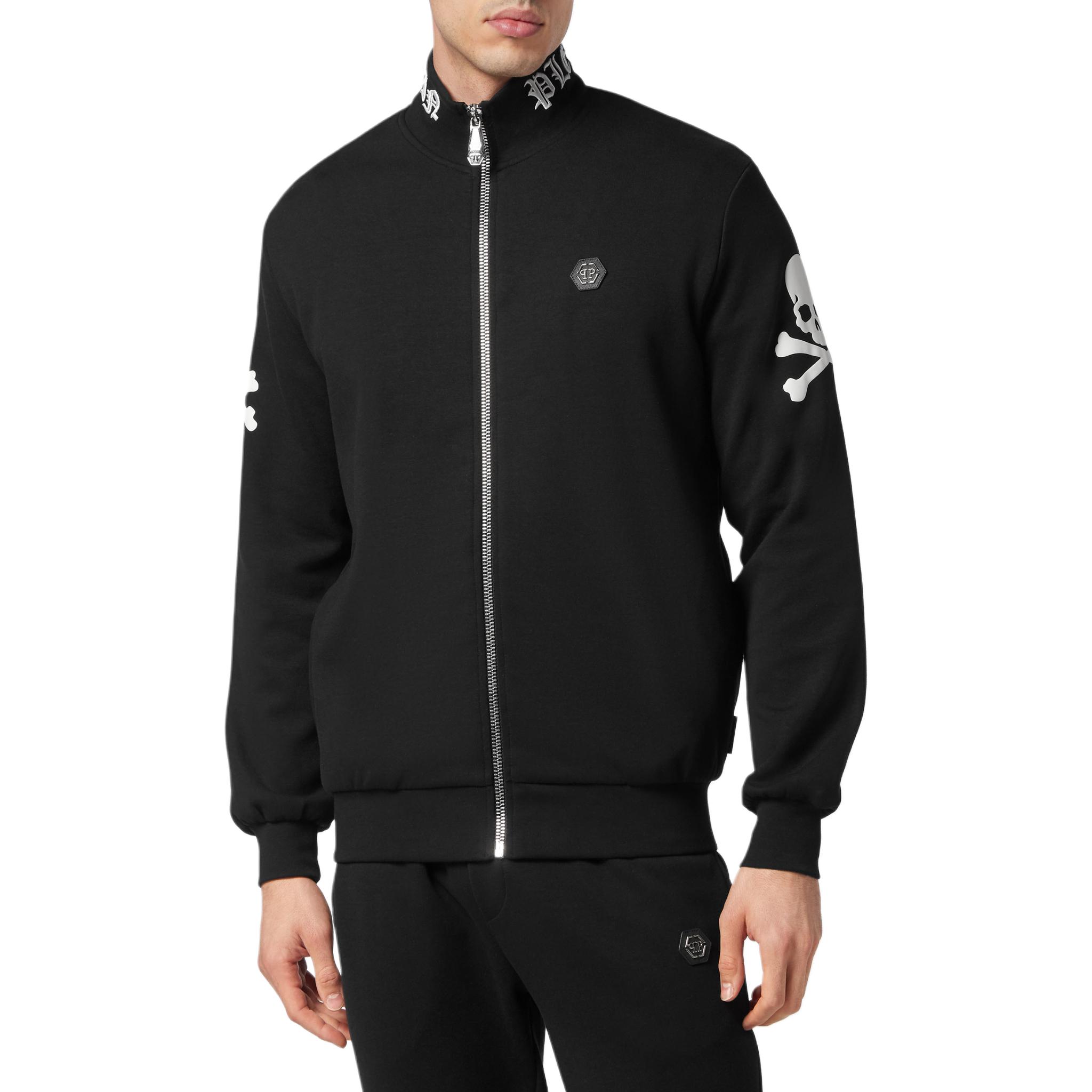 Shop PHILIPP PLEIN 骷髅骨头黑色长袖拉链运动夹克 SADC-MJB3301-PJO002N-02