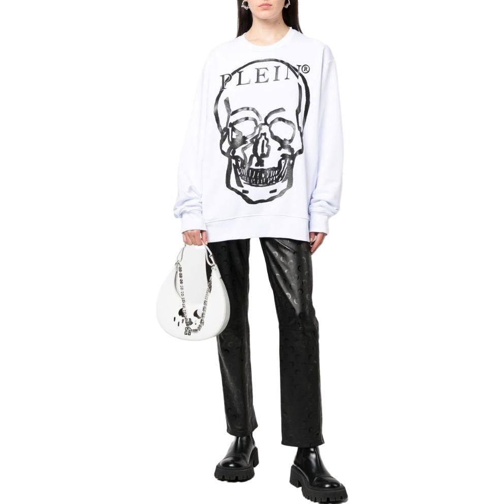 Shop PHILIPP PLEIN 骷髅字母印花男女同款白色圆领卫衣 SABC-UJO0035-PJO002N-0102