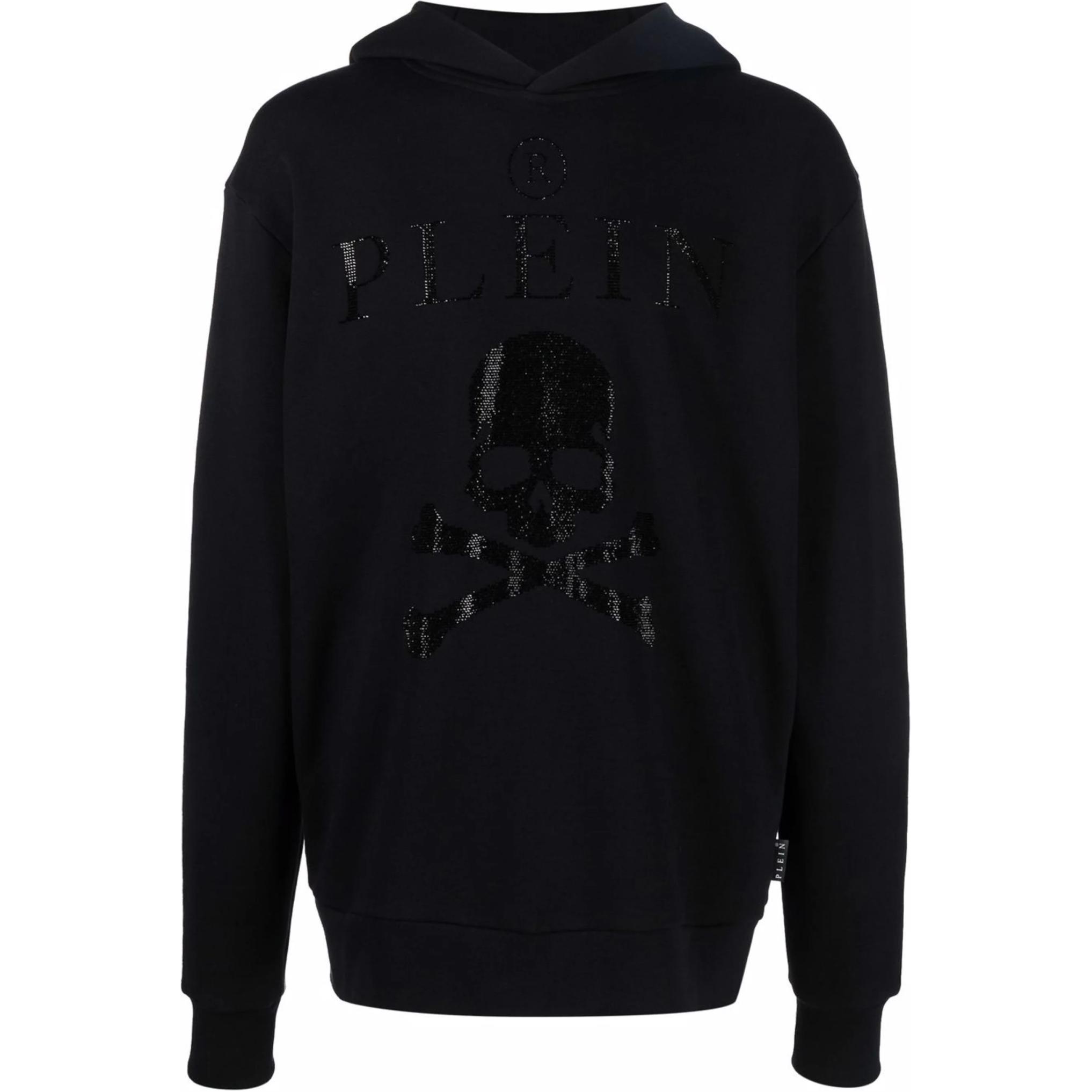 PHILIPP PLEIN Skull Logo Sequin Hoodie Unisex Black Long Sleeve PABC-UJB0072-PJO002N-Black