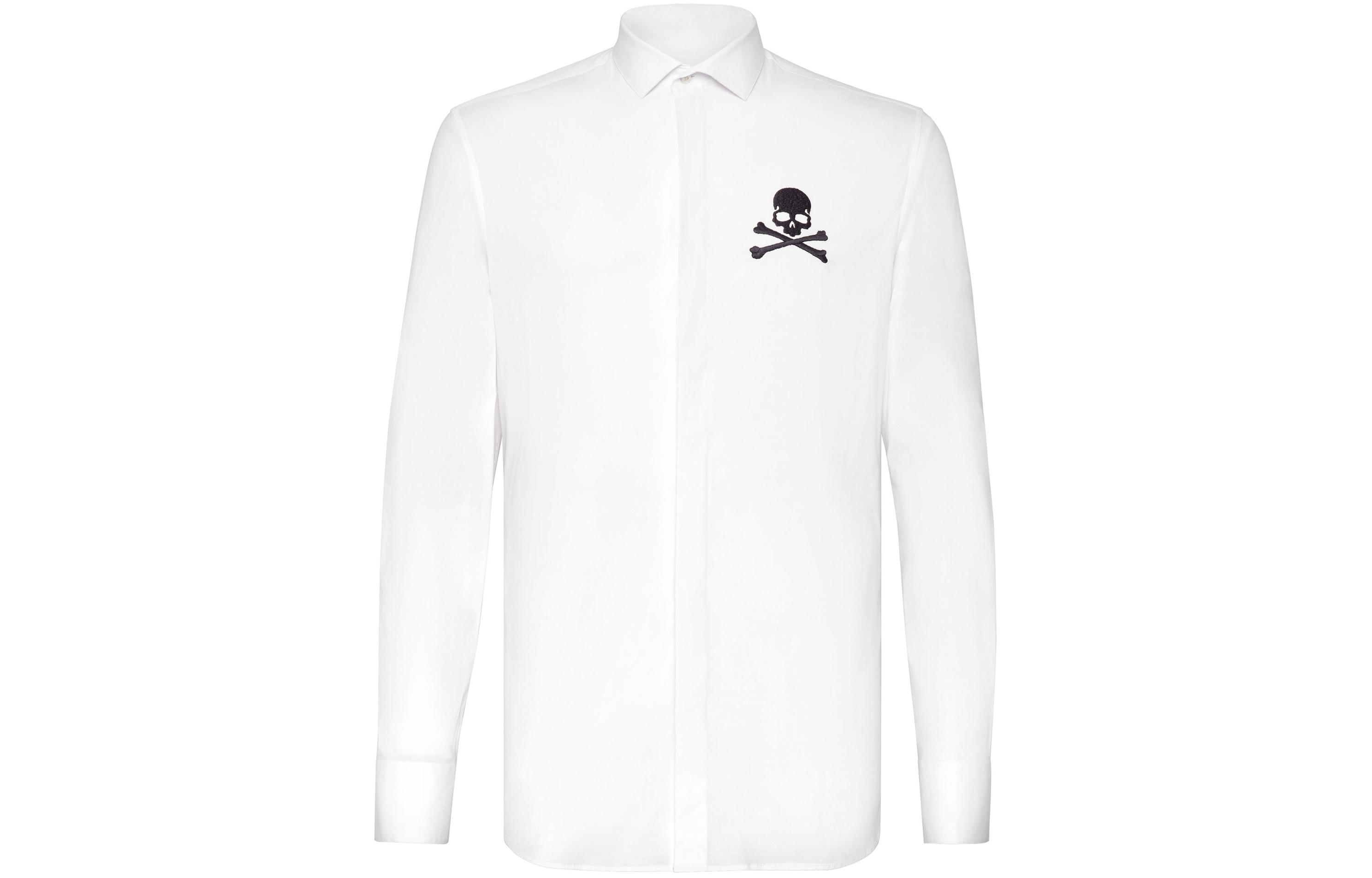 PHILIPP PLEIN Skull Print Button-Up Long Sleeve Shirt Men’s White A19C-MRP1078-PTE012N-01