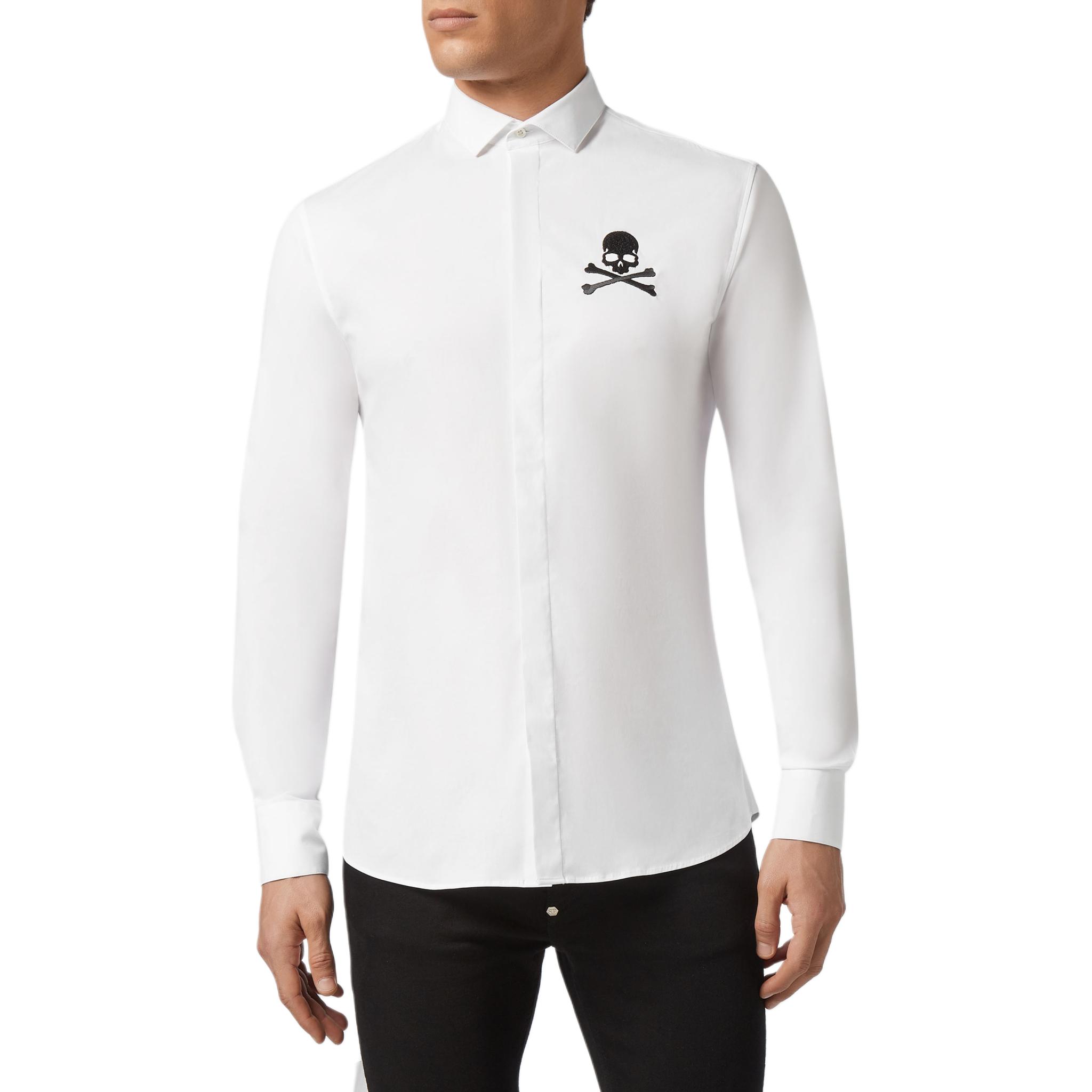 Shop PHILIPP PLEIN Kemeja Lengan Panjang Cetak Skull Lelaki - Putih A19C-MRP1078-PTE012N-01