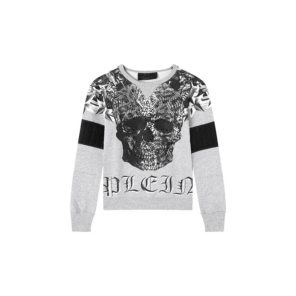 PHILIPP PLEIN Skull Print Cotton Crewneck Sweatshirt Grey P17C-MJO0056-PJO002N-10