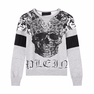 PHILIPP PLEIN Skull Print Cotton Crewneck Sweatshirt Grey P17C-MJO0056-PJO002N-10