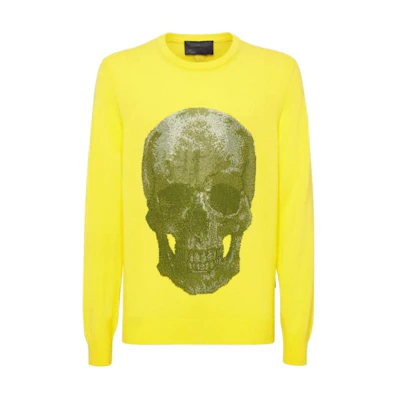 PHILIPP PLEIN Skull Print Crewneck Long Sleeve Sweatshirt Yellow PABC-MKO1123-PKN002N-09