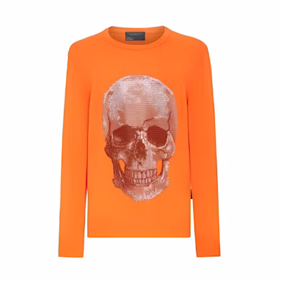 PHILIPP PLEIN Skull Print Crewneck Pullover Sweatshirt Orange PABC-MKO1123-PKN002N-20