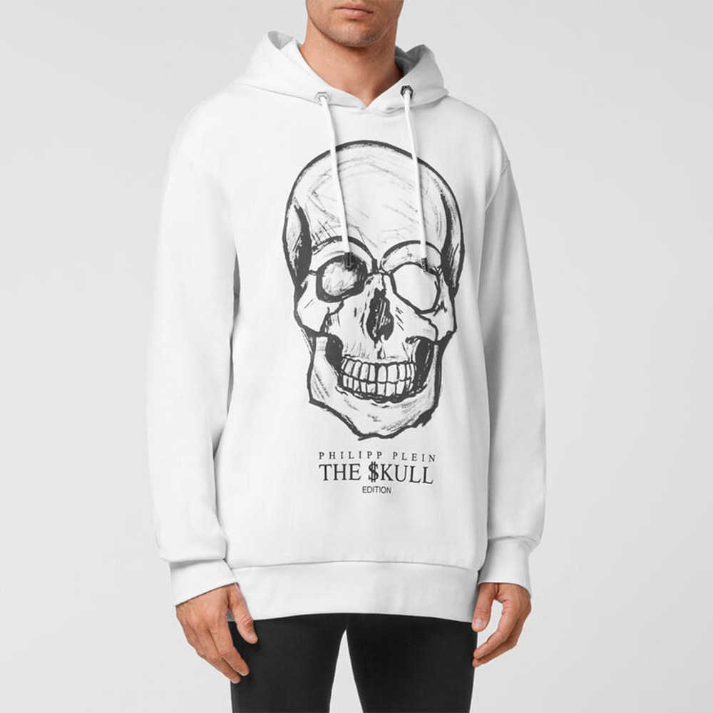 Lookbook 菲利普普莱因骷髅印花白色连帽长袖休闲卫衣 UABC-MJB2543-PJO002N-01