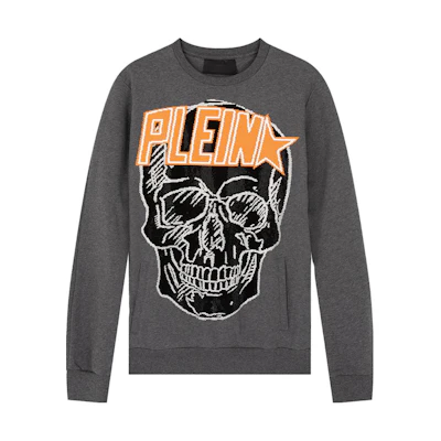 PHILIPP PLEIN Skull Rhinestone Slim-Fit Crewneck Sweatshirt - Gray P20C-MJO0687-PJO002N-1020