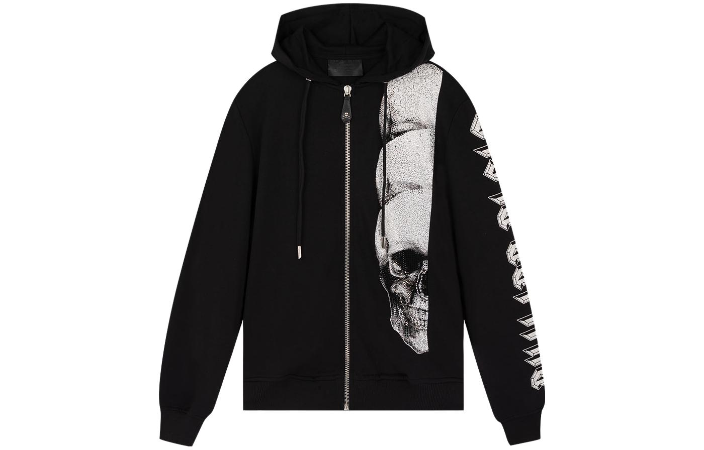 PHILIPP PLEIN Skull Rhinestone Zipper Hoodie Black ( Casual) P18C-MJB0472-PJO002N-02
