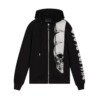 PHILIPP PLEIN Skull Rhinestone Zipper Hoodie Black ( Casual) P18C-MJB0472-PJO002N-02