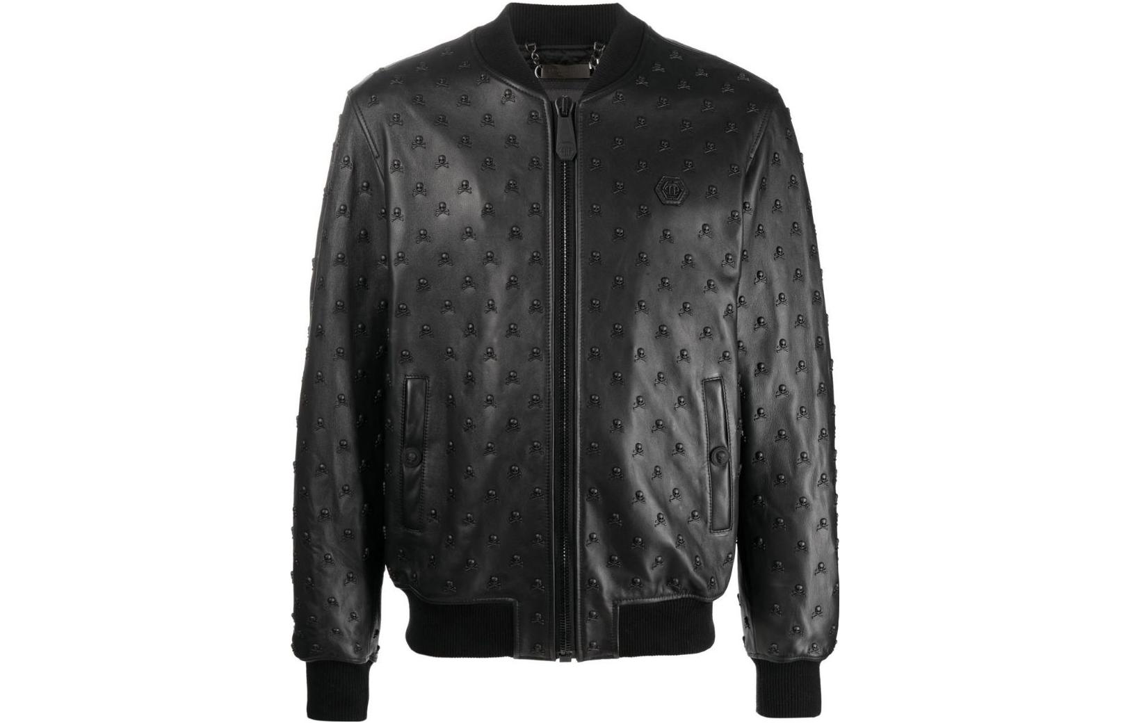 PHILIPP PLEIN Solid Color Zipper Long Sleeve Jacket in Black FABCMLB1582PLE010N