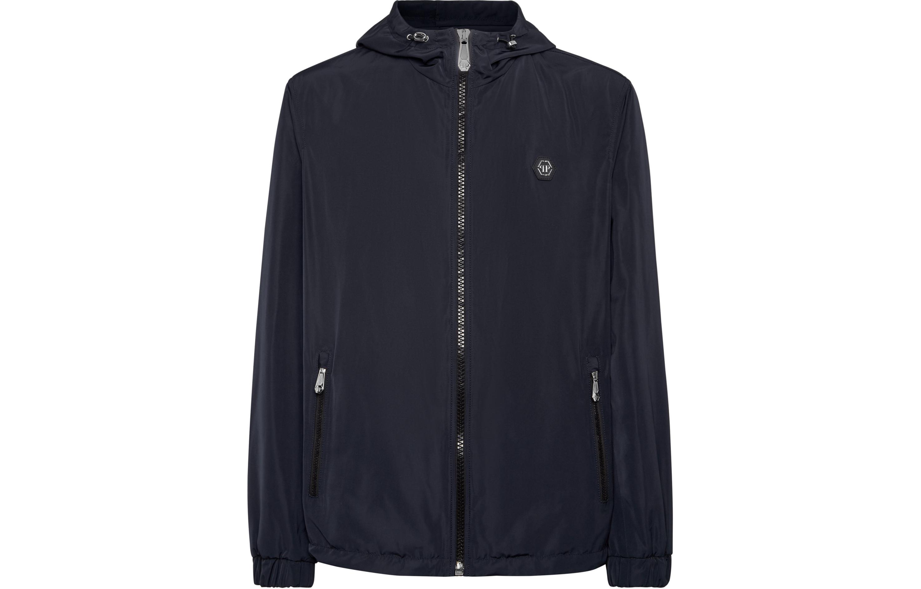 PHILIPP PLEIN Solid Navy Nylon Hooded Windbreaker Zip Jacket PADC-MRB2457-PNY002N-14