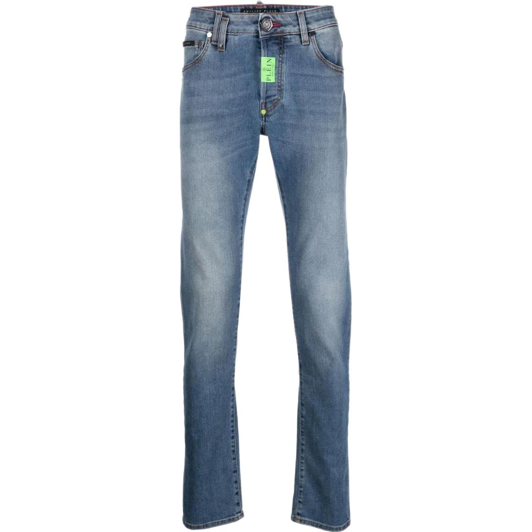 PHILIPP PLEIN Solid Straight Zipper Blue Jeans for Men. MDT3114-PDE004N-05GD