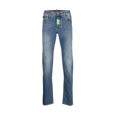 PHILIPP PLEIN Solid Straight Zipper Blue Jeans for Men. MDT3114-PDE004N-05GD