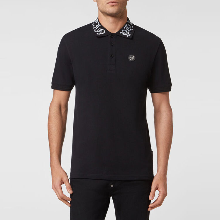 Shop フィリッププレイン SS22 ブラック ロゴプリント 半袖 ポロシャツ FABC-MTK5721-PTE003N-0201