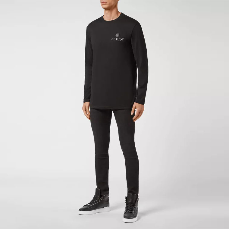 Lookbook PHILIPP PLEIN SS22 男士黑色修身長袖T恤 Logo印花 FAAC-MTK5122-PJY002N-02
