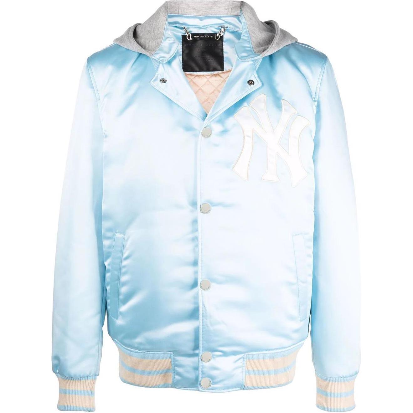 PHILIPP PLEIN SS22 Embroidered Logo Hooded Bomber Jacket Grey Blue - Men’s MRB1881PTE003N07