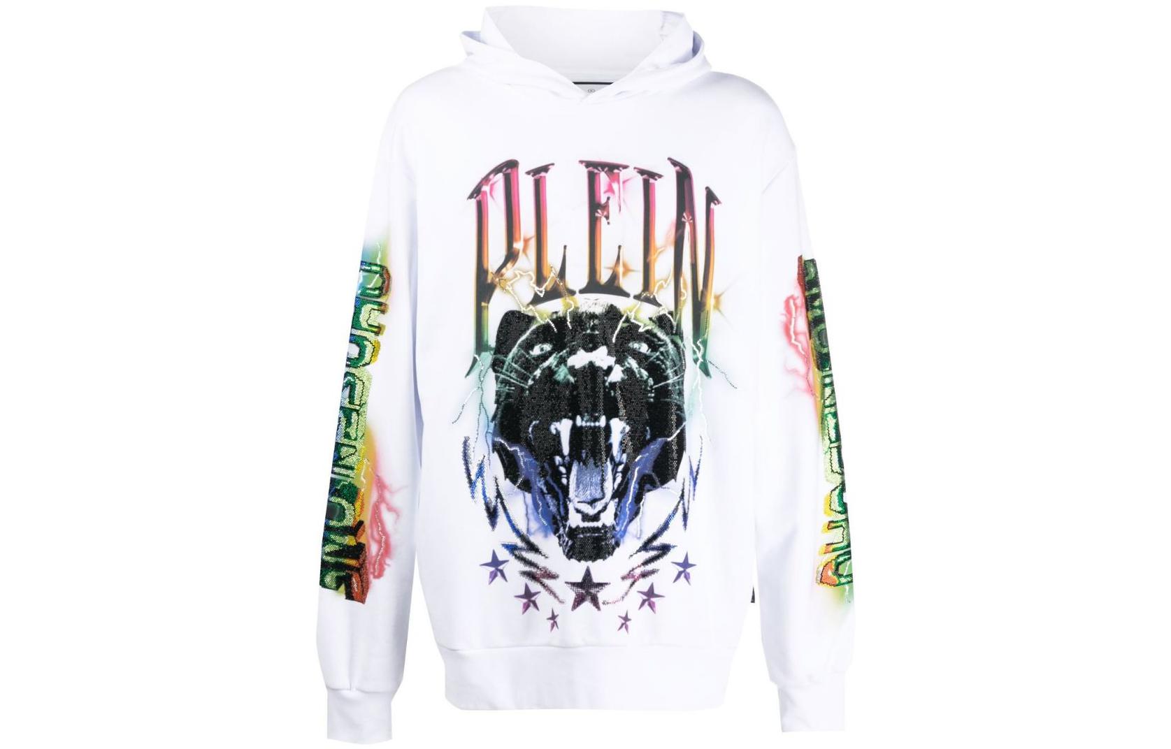 PHILIPP PLEIN SS22 Logo Animal Print White Hoodie Long Sleeve FABCMJB2725PJY002N0121