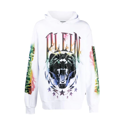 PHILIPP PLEIN SS22 Logo Animal Print White Hoodie Long Sleeve FABCMJB2725PJY002N0121
