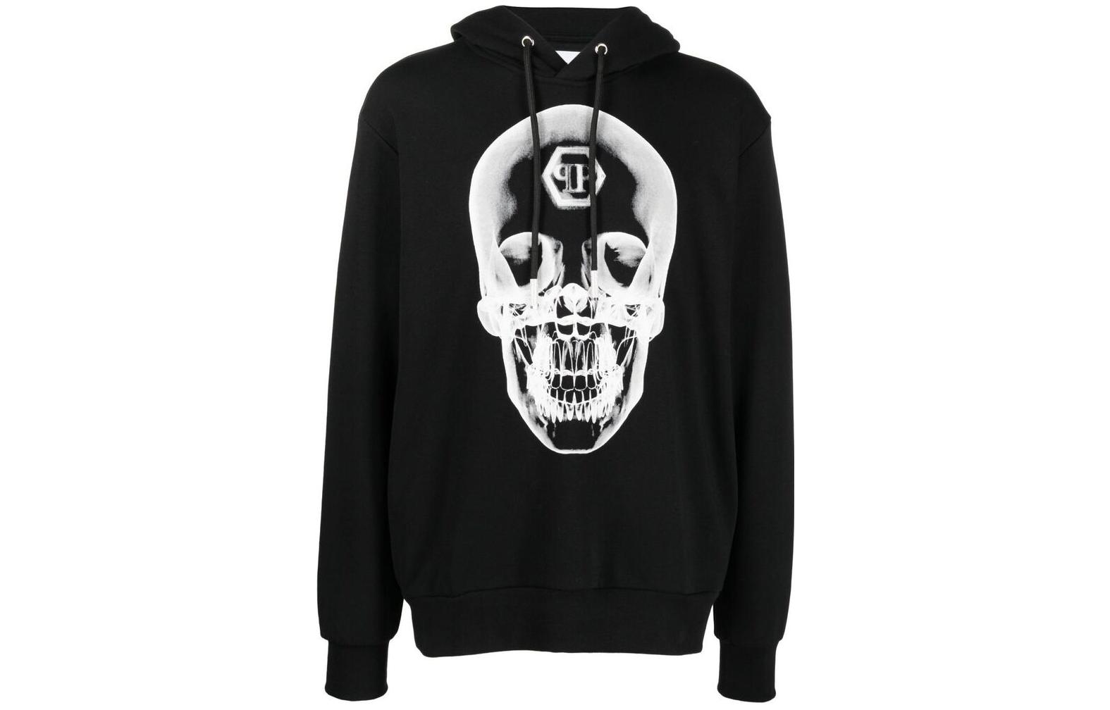 PHILIPP PLEIN SS22 Skull Print Drawstring Hoodie Black FABCMJB2720PJY002N
