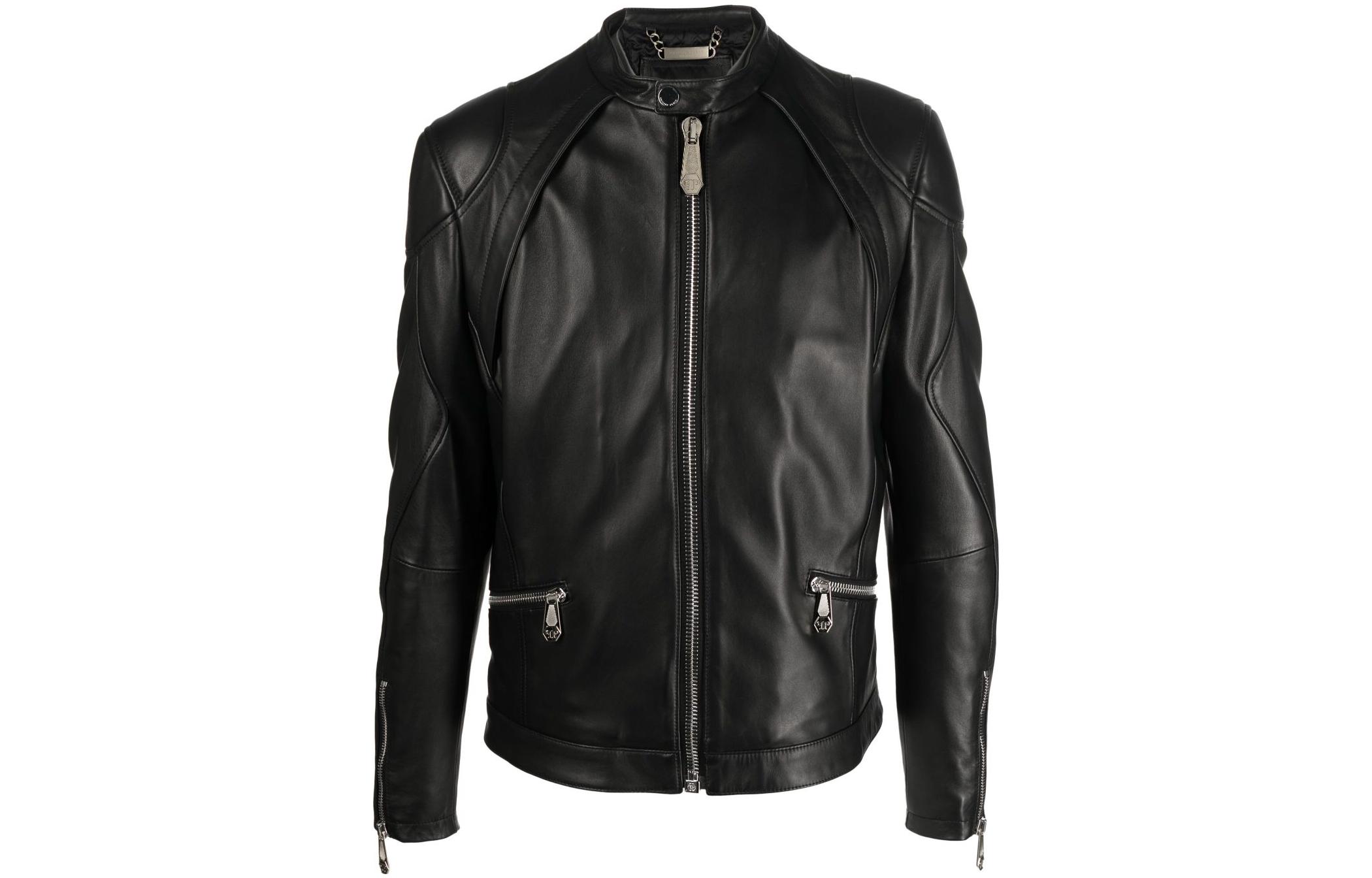 PHILIPP PLEIN SS22 Solid Color Logo Patch Zip Jacket Men Black FABCMLB1607PLE010N