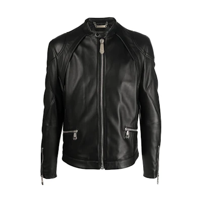 PHILIPP PLEIN SS22 Solid Color Logo Patch Zip Jacket Men Black FABCMLB1607PLE010N