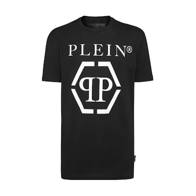 PHILIPP PLEIN SS23 Black Crew Neck T-Shirt with Letter Print. MTK5124-PJY002N-02
