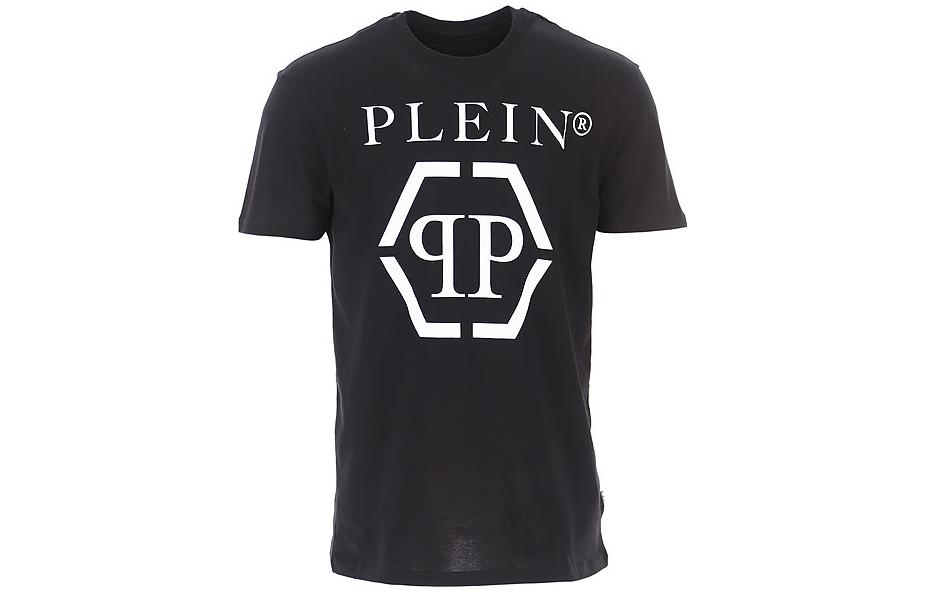 Order PHILIPP PLEIN SS23 Kaos Hitam Crew Neck dengan Cetakan Huruf. MTK5124-PJY002N-02