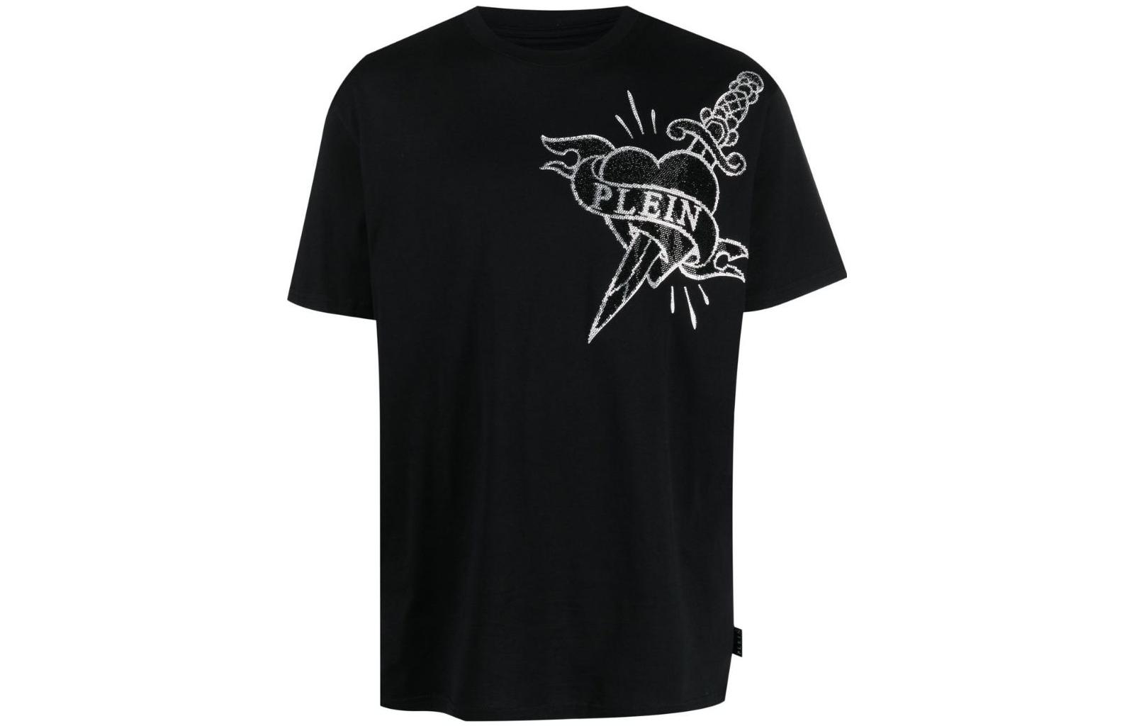 PHILIPP PLEIN SS23  Black Crewneck Heart Print Short Sleeve T-Shirt. PACC-MTK6282-PJY002N-02