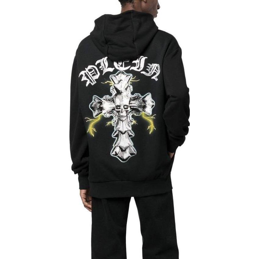Shop PHILIPP PLEIN SS23 Hoodie Hitam Crystal Letter Cross Kasual. PACC-MJB2936-PJO002N-02