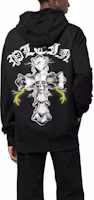 Shop PHILIPP PLEIN SS23 黑色水晶字母十字休閒連帽衫 PACC-MJB2936-PJO002N-02
