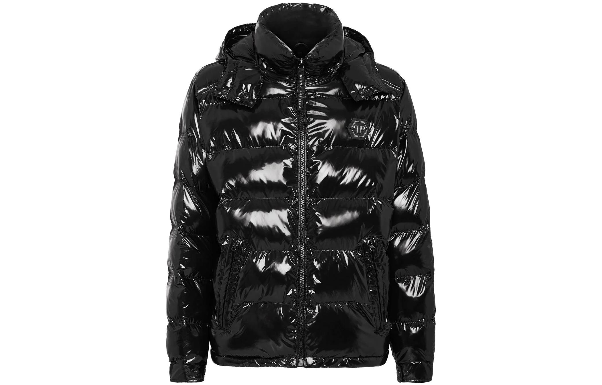 PHILIPP PLEIN SS23  Black Glossy Zip-Up Hooded Jacket. LABCMRB1944PNY002N-02