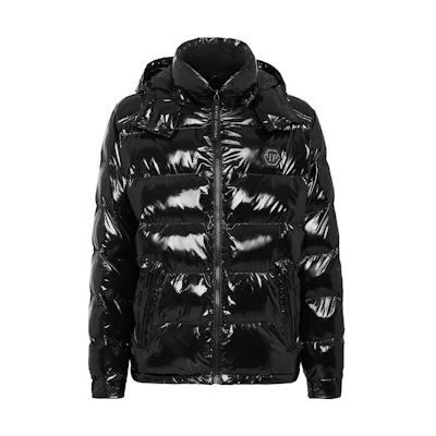 PHILIPP PLEIN SS23 Black Glossy Zip-Up Hooded Jacket. LABCMRB1944PNY002N-02