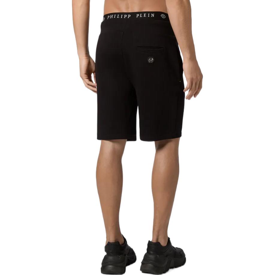 Shop PHILIPP PLEIN SS23 Celana Pendek High-Waist Hitam Kasual Logo Metal. P20C-MJT1622-PJO002N-02