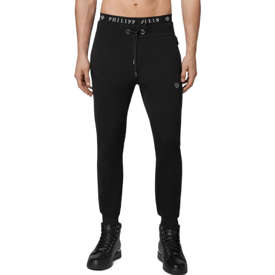 Shop 필립 플레인 SS23 블랙 로고 코튼 캐주얼 핏 스웻팬츠. PAAC-MJT1757-PJO002N-02