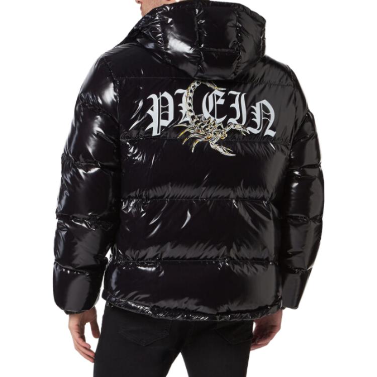Shop PHILIPP PLEIN SS23 黑色修身連帽羽絨外套 MRB2017-PNY002N-02