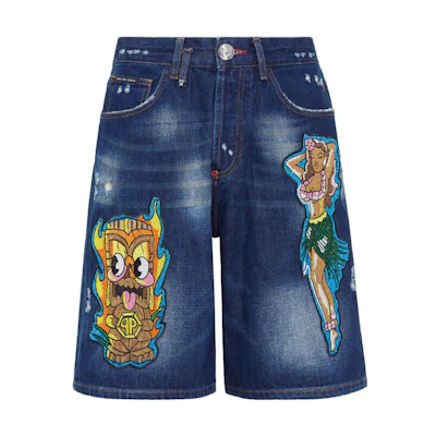 PHILIPP PLEIN SS23 Blue Cartoon Patch Casual Denim Shorts SACC-MDT3418-PDE004N-09GD