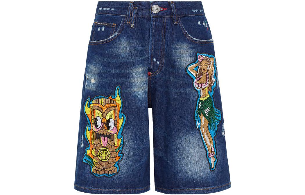 Order PHILIPP PLEIN SS23 Celana Pendek Denim Kasual Biru Patch Kartun. SACC-MDT3418-PDE004N-09GD