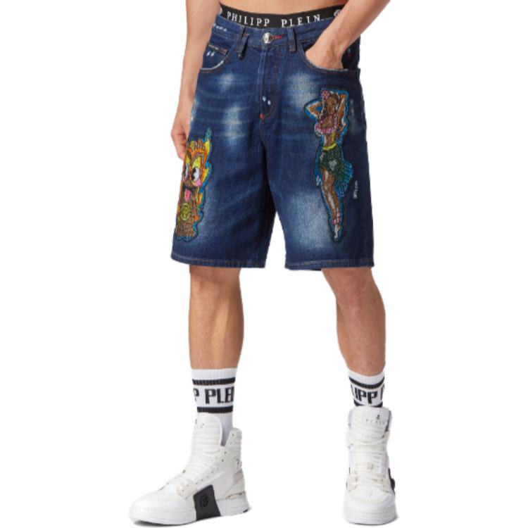Purchase PHILIPP PLEIN SS23 Celana Pendek Denim Kasual Biru Patch Kartun. SACC-MDT3418-PDE004N-09GD