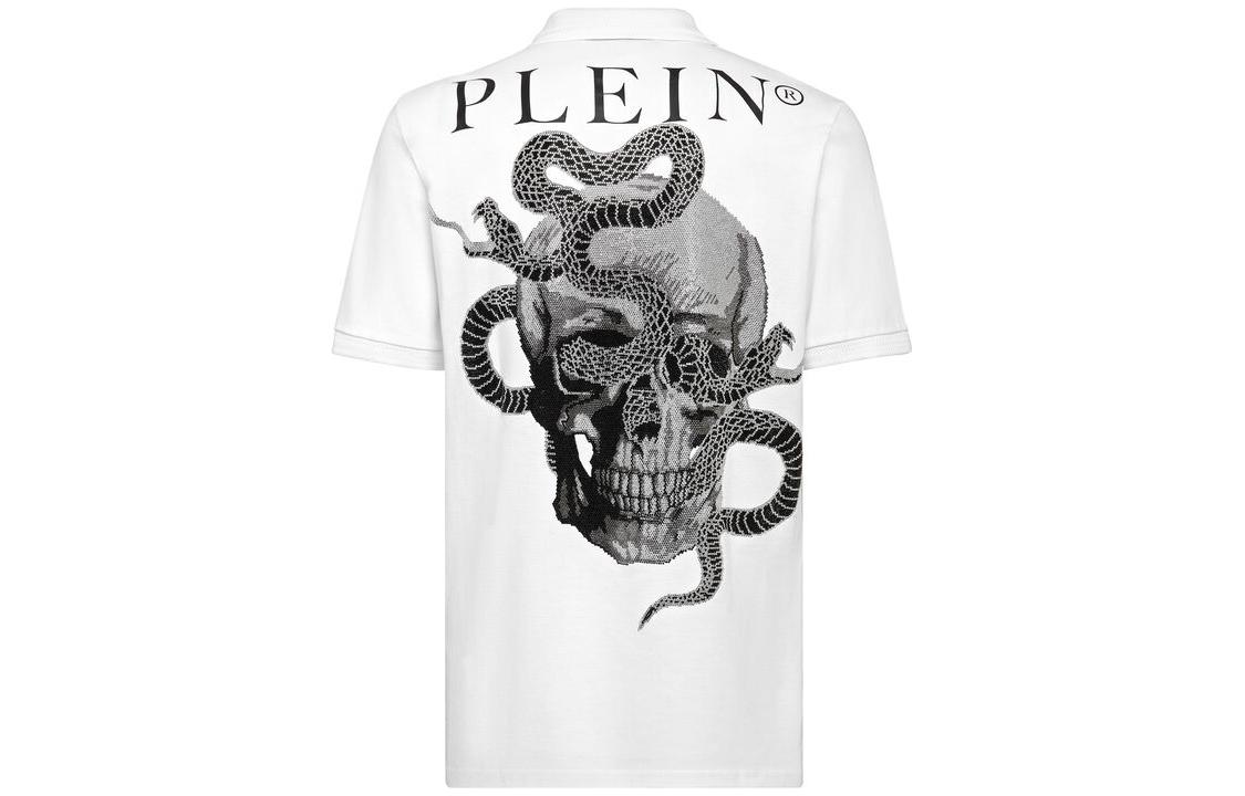 PHILIPP PLEIN SS23  White Skull Logo Printed Casual Polo Shirt. SACC-MTK6343-PTE003N-01