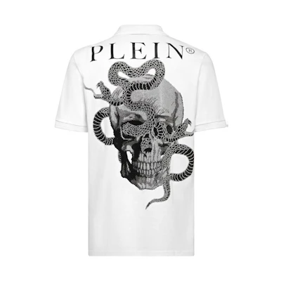 PHILIPP PLEIN SS23 White Skull Logo Printed Casual Polo Shirt. SACC-MTK6343-PTE003N-01