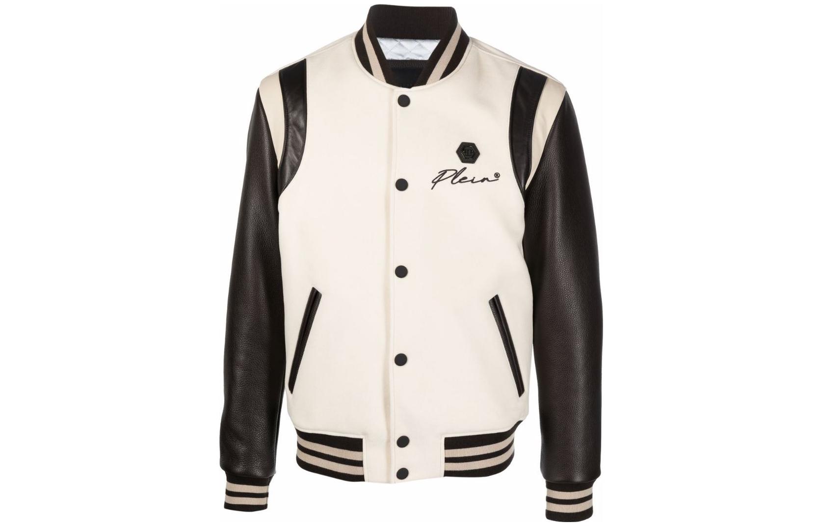 PHILIPP PLEIN SS23 Beige Striped Panel Bomber Jacket FAAC-MLB1414-PLE010N-0602