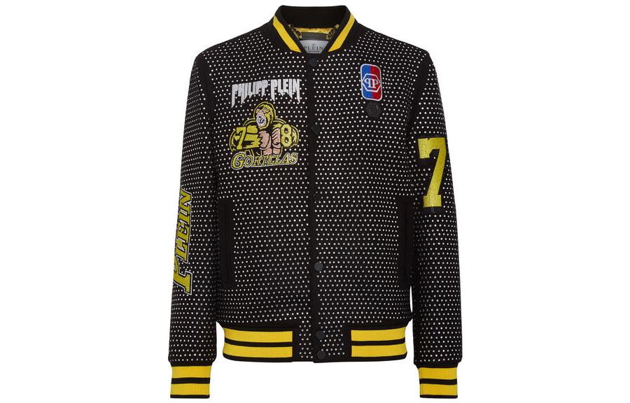 PHILIPP PLEIN SS23 Black Crystal Logo Baseball Jacket AABC-MRB2096-PTE003N-0209