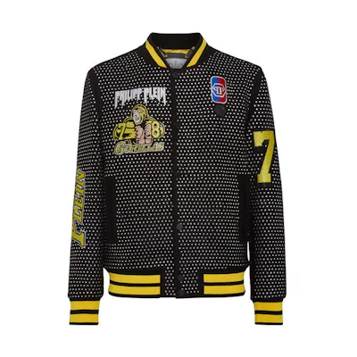PHILIPP PLEIN SS23 Black Crystal Logo Baseball Jacket AABC-MRB2096-PTE003N-0209