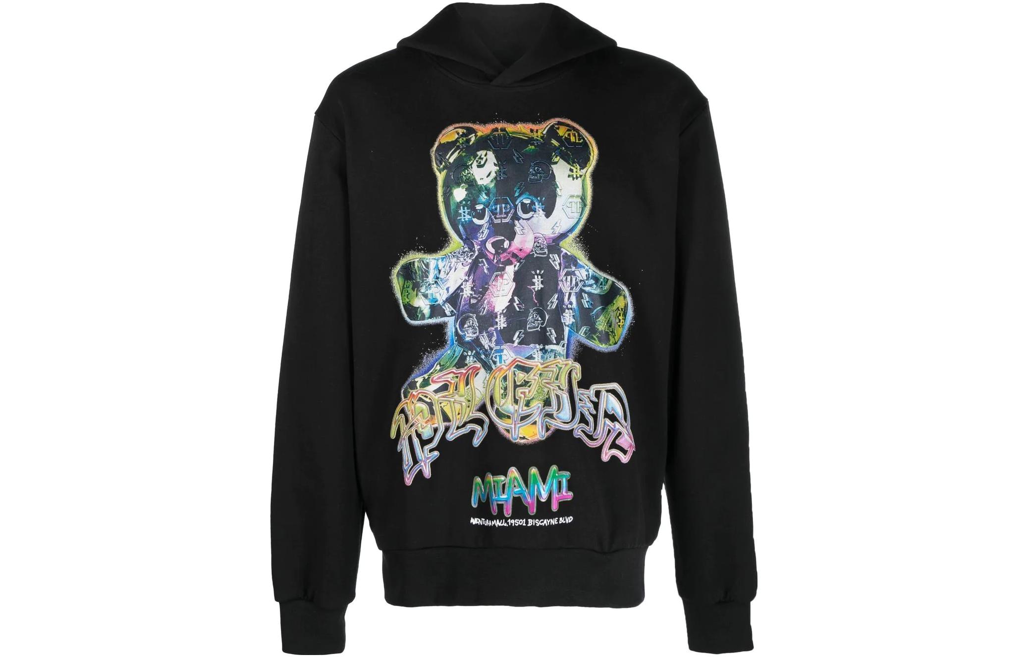 PHILIPP PLEIN SS23 Black Hoodie with Cartoon Bear Logo Print for Men PACC-MJB2961-PJO002N-0221