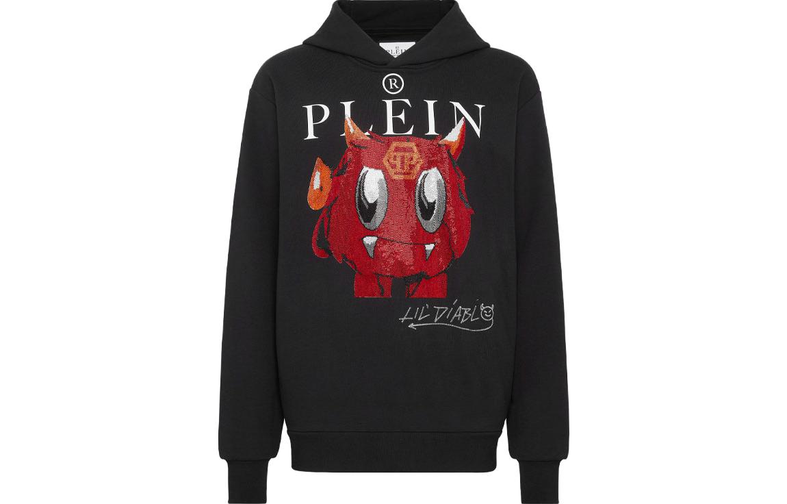 PHILIPP PLEIN SS23 Black Hoodie with Logo, Cartoon Print, and Rhinestones AABC-MJB2868-PJO002N-02