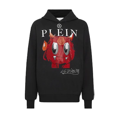 PHILIPP PLEIN SS23 Black Hoodie with Logo, Cartoon Print, and Rhinestones AABC-MJB2868-PJO002N-02